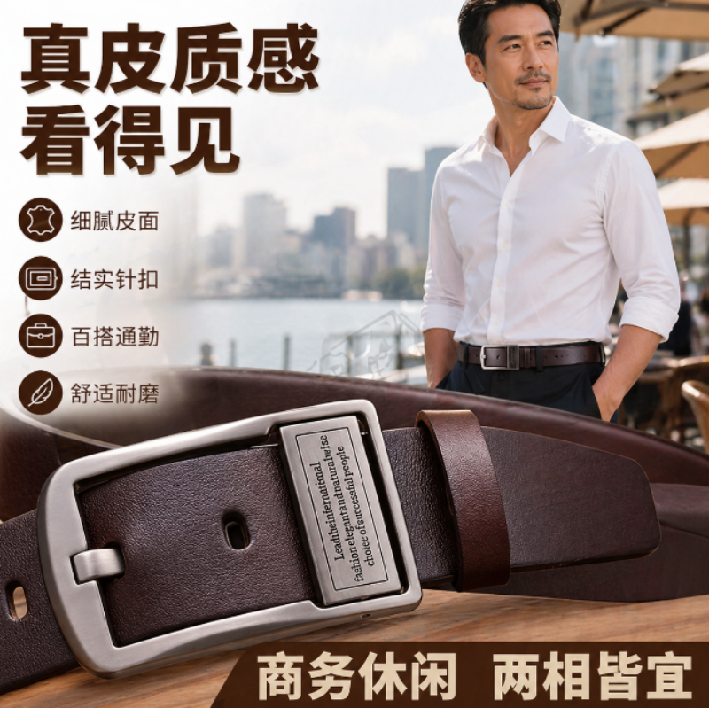 男士皮带真牛皮针扣中年青年商务休闲扁针头层裤腰带2025新款男款