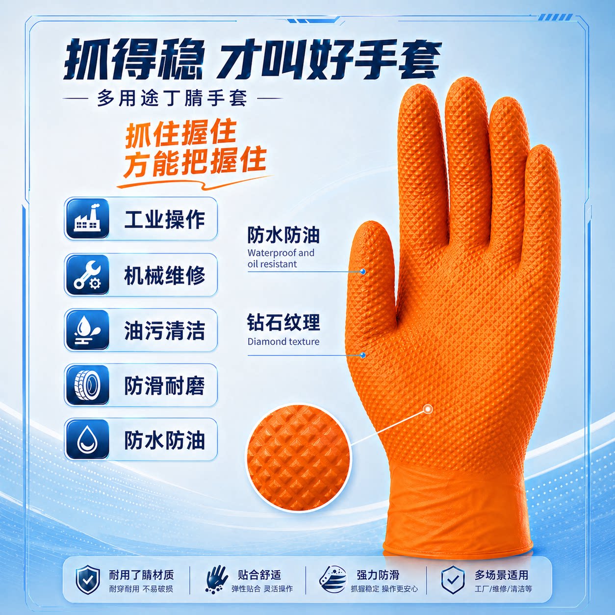 特厚耐磨高强度干活机修汽修防油防酸碱防滑耐用钻石纹丁腈手套