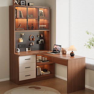 实木转角书桌书架一体桌家用儿童学习桌带书柜组合新款 拐角电脑桌