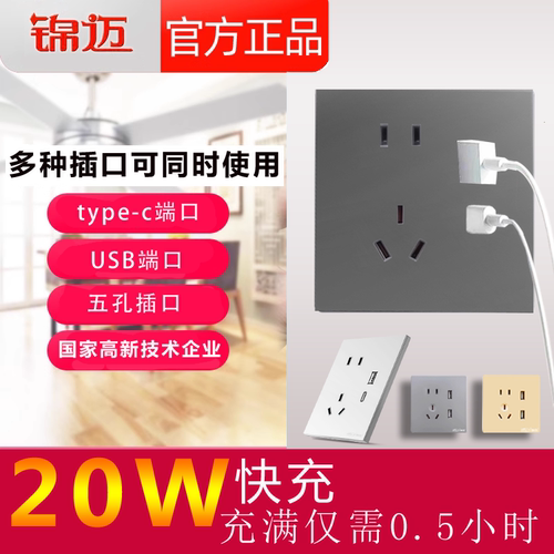 锦迈20W手机Type-C快充插座面板