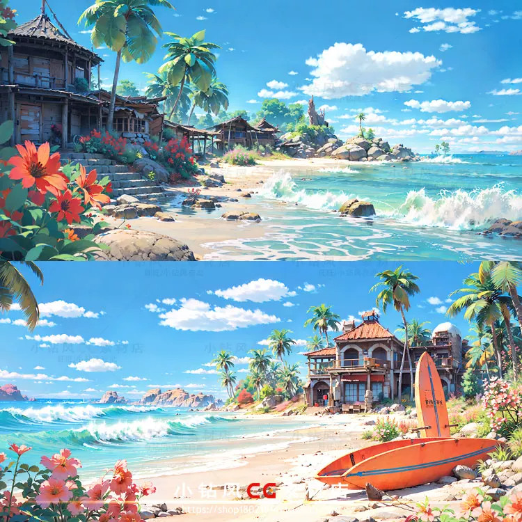 卡通海边场景AI插画素材 热带海岸沙滩背景壁纸图集 游戏场景设定