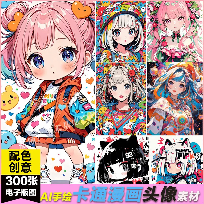 ai手绘卡通漫画动漫人物头像色彩搭配AI创意绘画数字艺术电子版图
