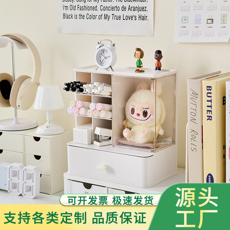 桌面收纳盒抽屉式分格笔筒透明防尘手办模型展示盒办公杂物储物盒