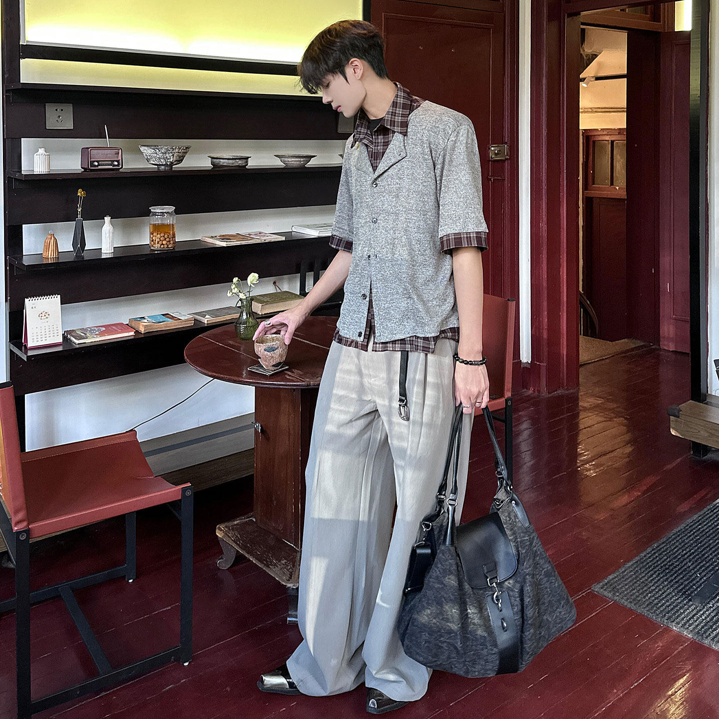 conlise 老钱风层次拼接双领翻领格纹撞色休闲衬衫格子短袖T恤男