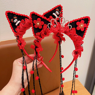 新年头饰儿童发箍2025新款 女童假发辫子猫耳朵发卡宝宝过年发饰品