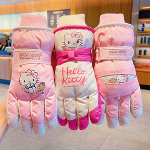 正版hellokitty儿童滑雪手套冬季保暖女童玩雪防水分指套加绒加厚
