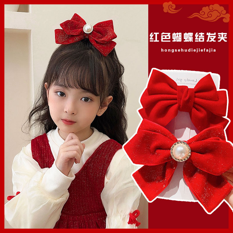 儿童红色丝绒蝴蝶结发夹