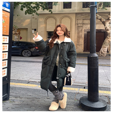 2C291墨绿色长款羽绒服羊毛拼接爆款YRF3133-P295-K499