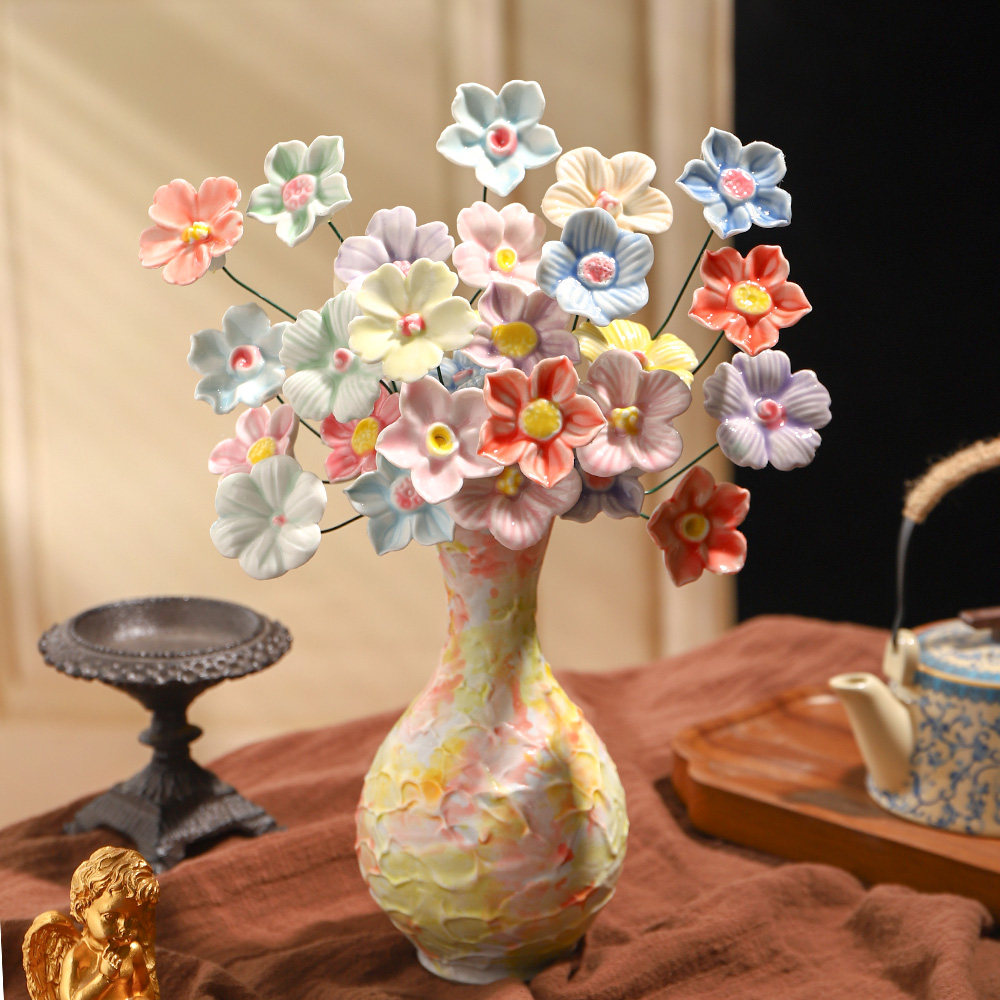 景德镇高温手工陶瓷花朵仿真花花瓶永生花花束装饰摆件教师节礼物