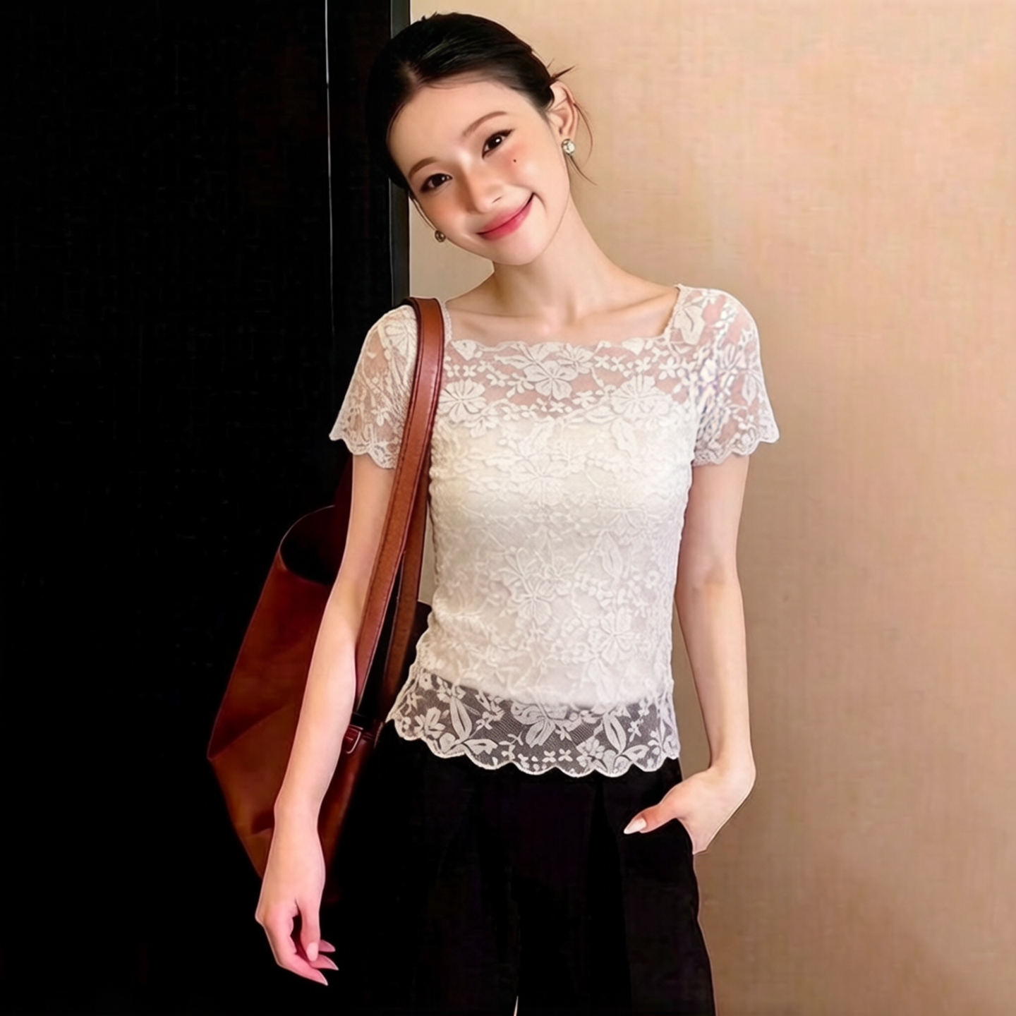 绝美一字肩短袖蕾丝打底衫女夏修身显瘦性感镂空网纱t恤纯欲上衣