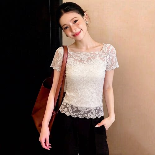 绝美一字肩短袖蕾丝打底衫女夏修身显瘦性感镂空网纱t恤纯欲上衣