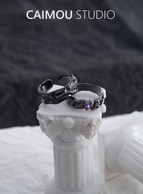 CAIMOU黑色幽默恋人戒指男潮镶钻情侣小众设计感甜酷少女风开口戒