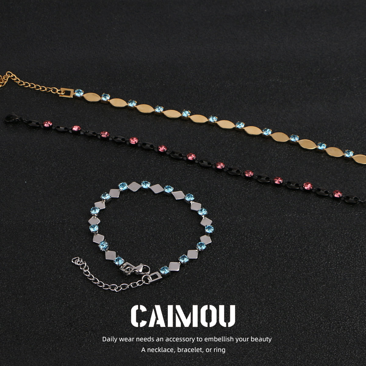 CAIMOU原创设计美式猪鼻子钢钻手链男樱花粉菱形天蓝锆钛钢不掉色