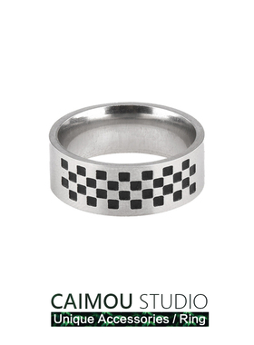 CAIMOU 冷淡风黑白格子钛钢戒指男女ins潮时尚小众设计感个性指环