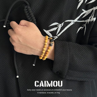 CAIMOU新中式柘木手串国潮醒狮文玩手串男款盘玩木质配饰男生手链