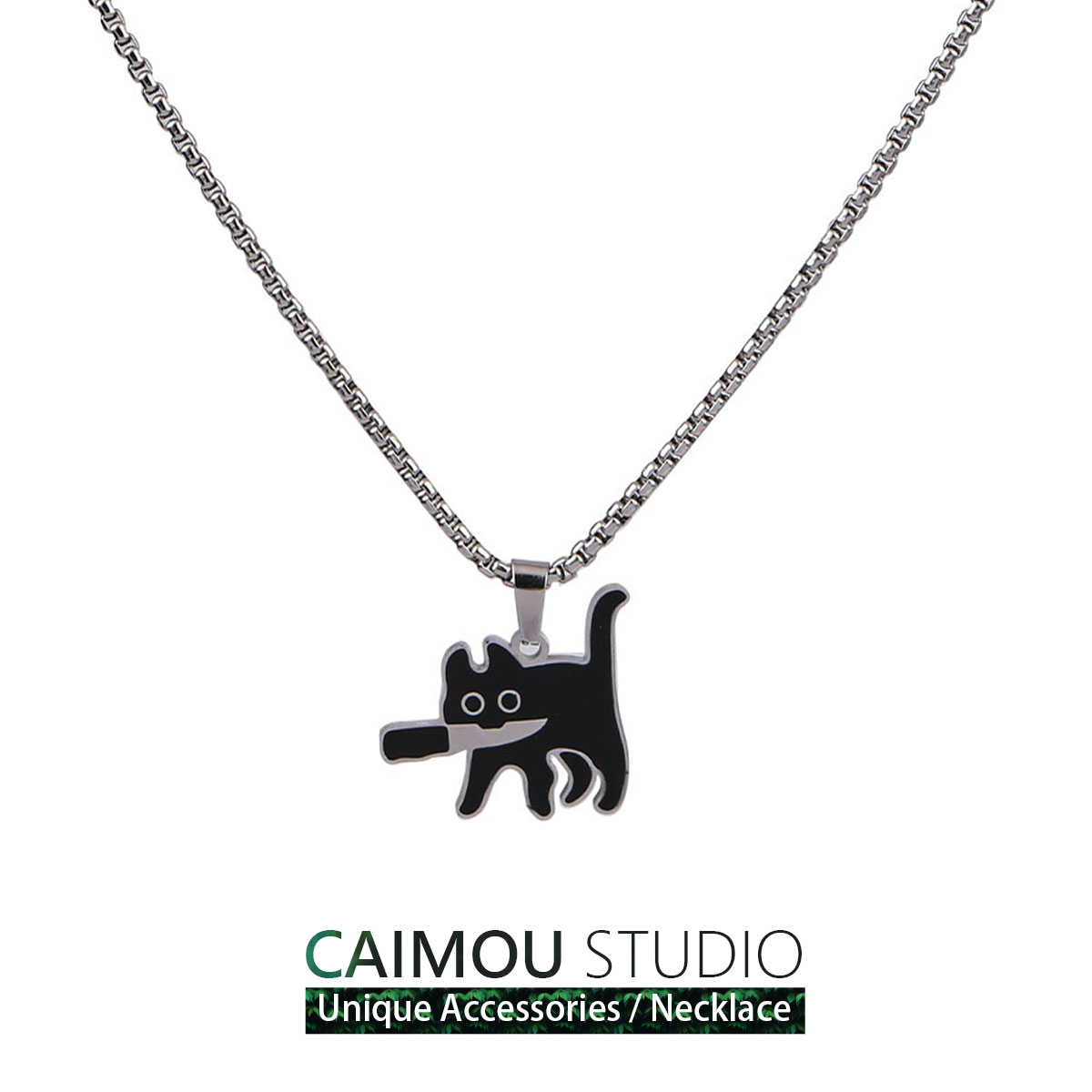 CAIMOU 叼小刀猫咪项链男女新款ins小众个性简约情侣学生创意吊坠