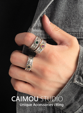 [CAIMOU字母镶钻]欧美戒指男潮ins冷淡风复古开口小众设计感指环