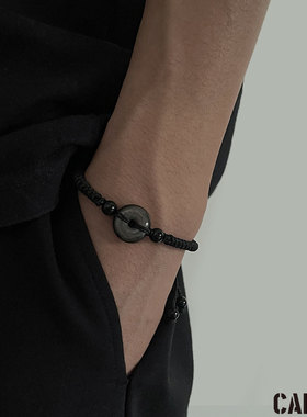 国风银曜石平安扣男生手链冷淡风