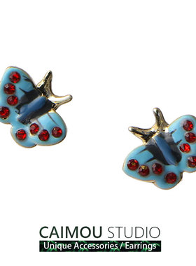 CAIMOU新款银针镶嵌蝴蝶彩蝶耳钉小众设计感可爱迷你设计耳饰