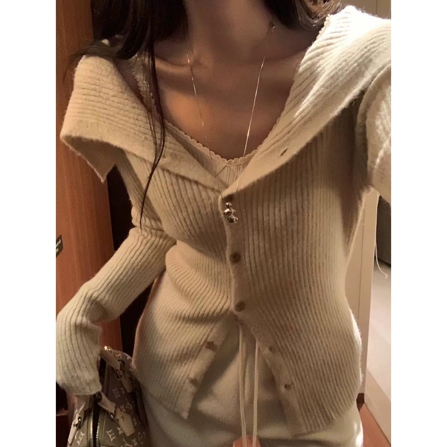 VERIDIAN DEW-韩国设计师pos*er修身海军领 单排扣螺纹 针织开衫