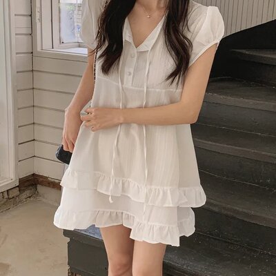chic 韩系夏季温柔甜美双层荷叶边系带半开领小个子连衣裙
