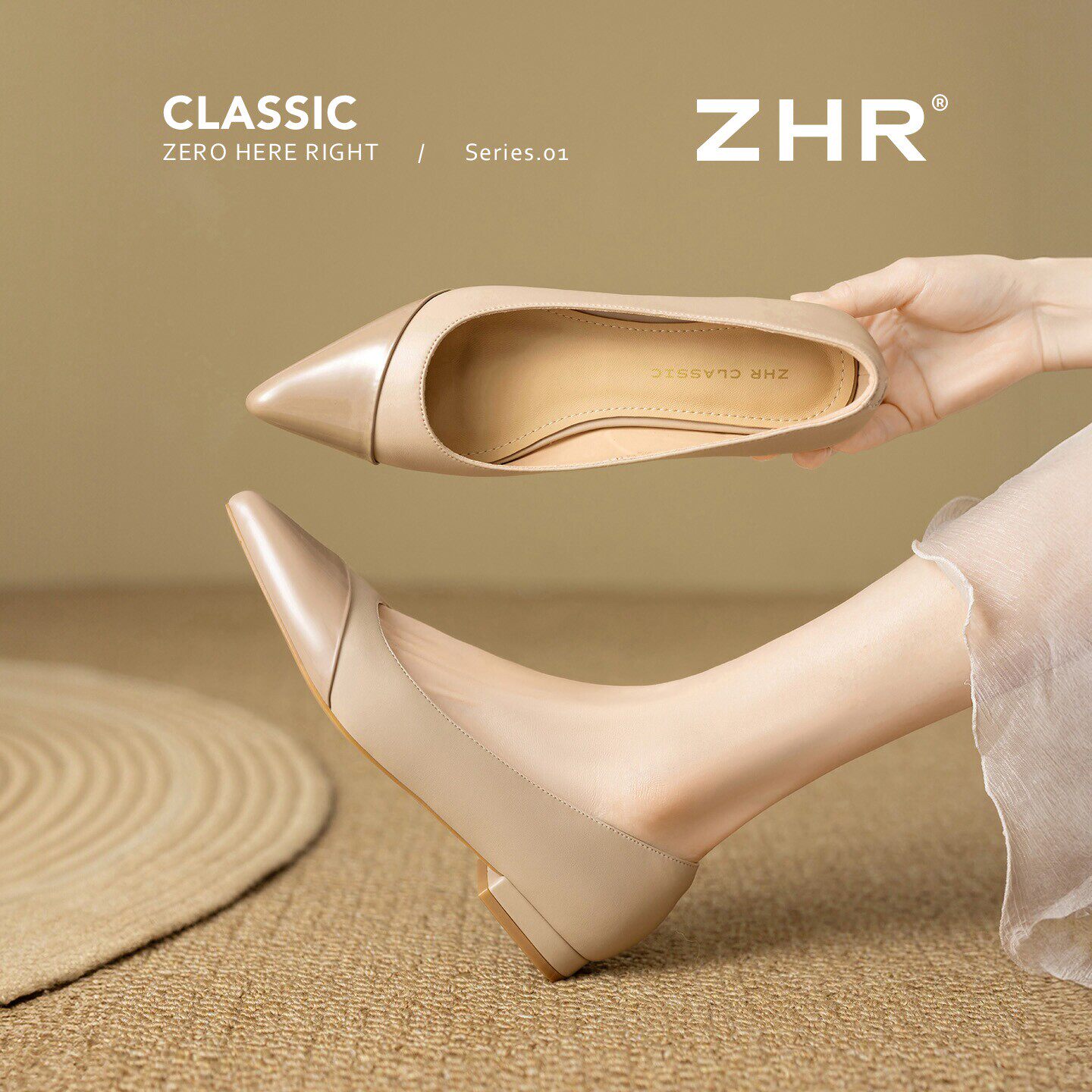ZHR则则尖头单鞋女2026春季新款裸色浅口气质平底一脚蹬工作女鞋