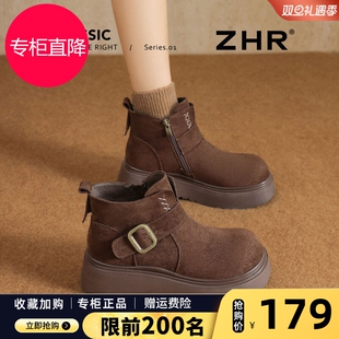 ZHR则则厚底勃肯短靴女2025冬季新款真皮保暖棉鞋复古加绒马丁靴