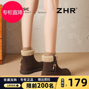 棕色短靴女2025新款秋冬雪地靴加绒保暖平底中筒复古棉鞋毛毛靴子