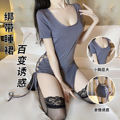 悄趣内衣女性感绑带捆绑露背豹纹大码睡裙大尺度夫妻情侣纯欲睡衣