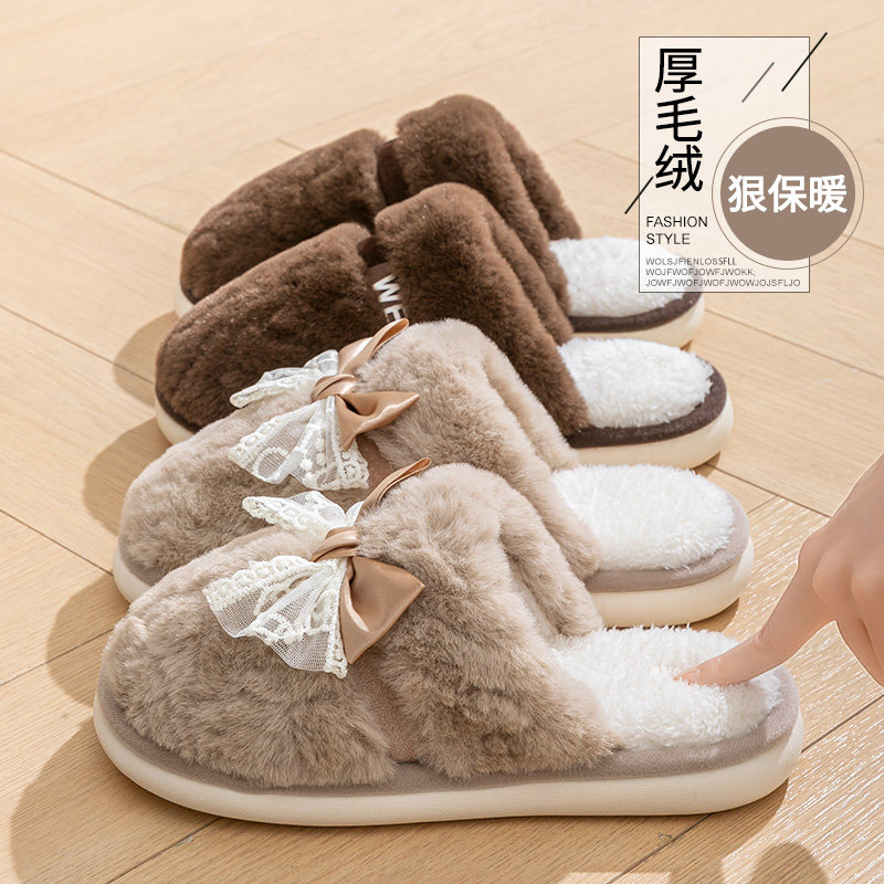 爆款蝴蝶结棉拖鞋女保暖防滑厚底居家日用外穿时尚百搭加绒棉拖鞋