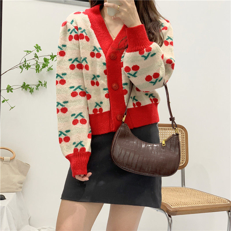 韩版提花小樱桃灯笼袖针织开衫女收腰短款秋季新款宽松毛衣外套