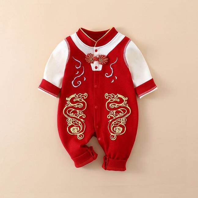 红色满月春秋长袖婴儿宝宝百天连体衣男女衣服可爱周岁中国喜庆