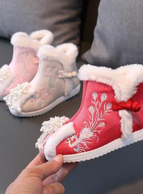 汉服鞋子女童冬季中国风拜年鞋儿童红色棉靴古装绣花鞋民族风靴子