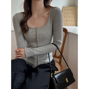 严选韩系仿羊绒磨毛长袖打底衫女内搭显瘦高级感纯色外穿方领上衣