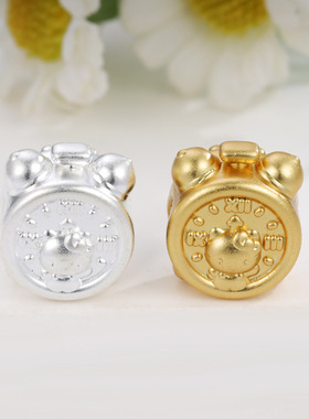 足银999闹钟凯蒂猫隔珠转运珠diy饰品配件纯银kt猫散珠子编绳材料