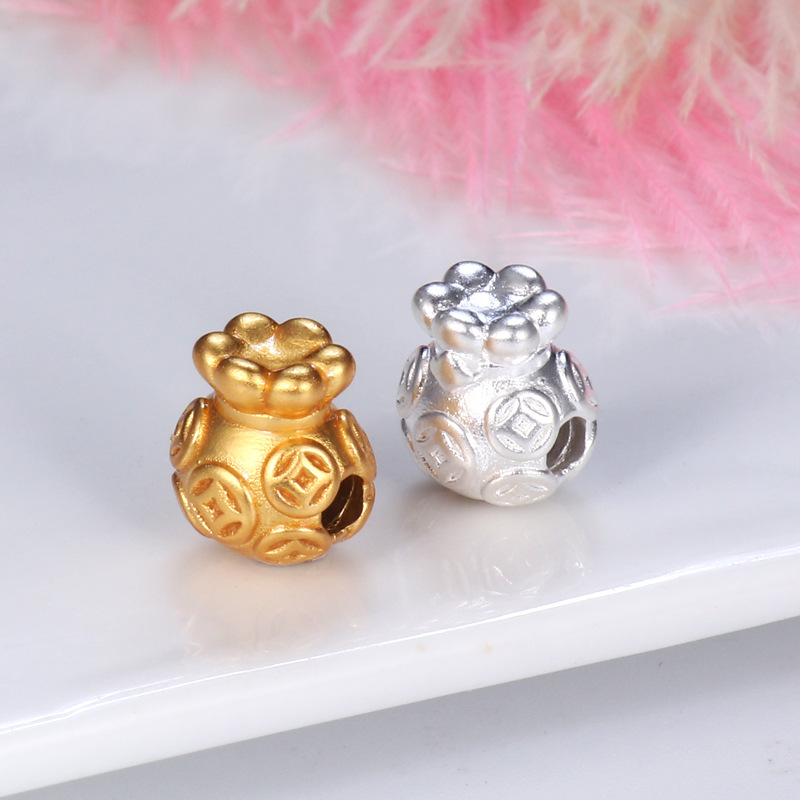 足银999金钱福袋隔珠编织手工diy纯银招财钱币转运串珠饰品配件