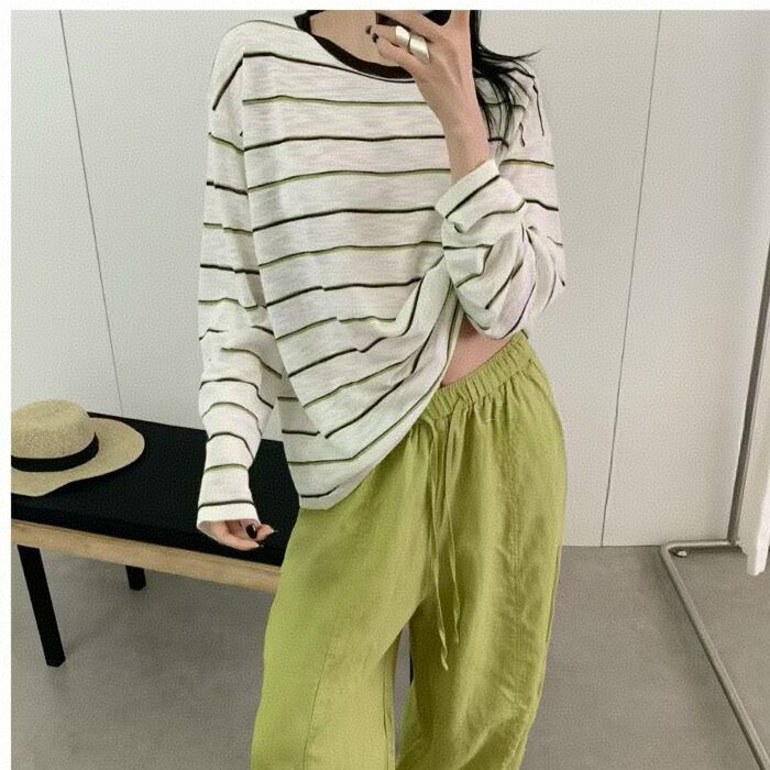 LM家高品 夏季新品慵懒风睫毛蕾丝露背小心机条纹长袖防晒上衣