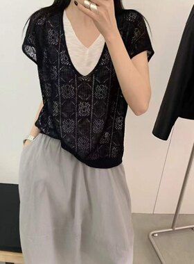 LM家高品  夏季新品老钱风显瘦百搭V领镂空钩花假两件针织衫上衣