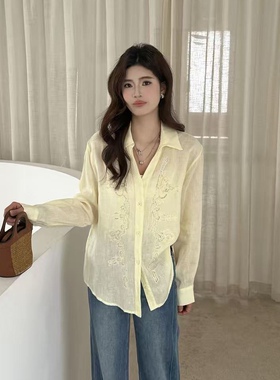 LM家高品  春季新品法式设计款重工钉珠显瘦V领亚麻长袖衬衫
