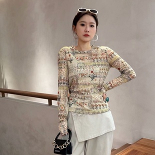 网纱T恤 显瘦百搭复古田园风印花长袖 LM家高品 春夏新品