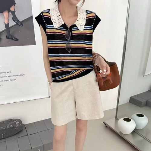 LM家高品  夏季新品百搭显瘦复古彩色条纹钩花翻领飞飞袖针织上衣