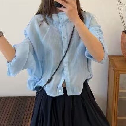 LM家高品 早秋新品休闲百搭随意扭扭设计款立领蝙蝠短款防晒衬衫