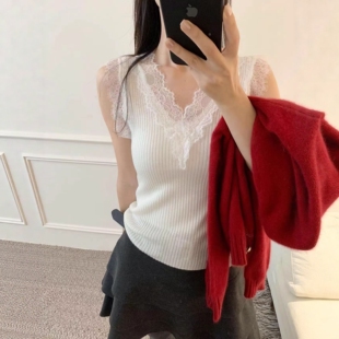 百搭神器蕾丝边60支精仿羊毛针织背心 V领开衫 LM家高品 秋冬新品