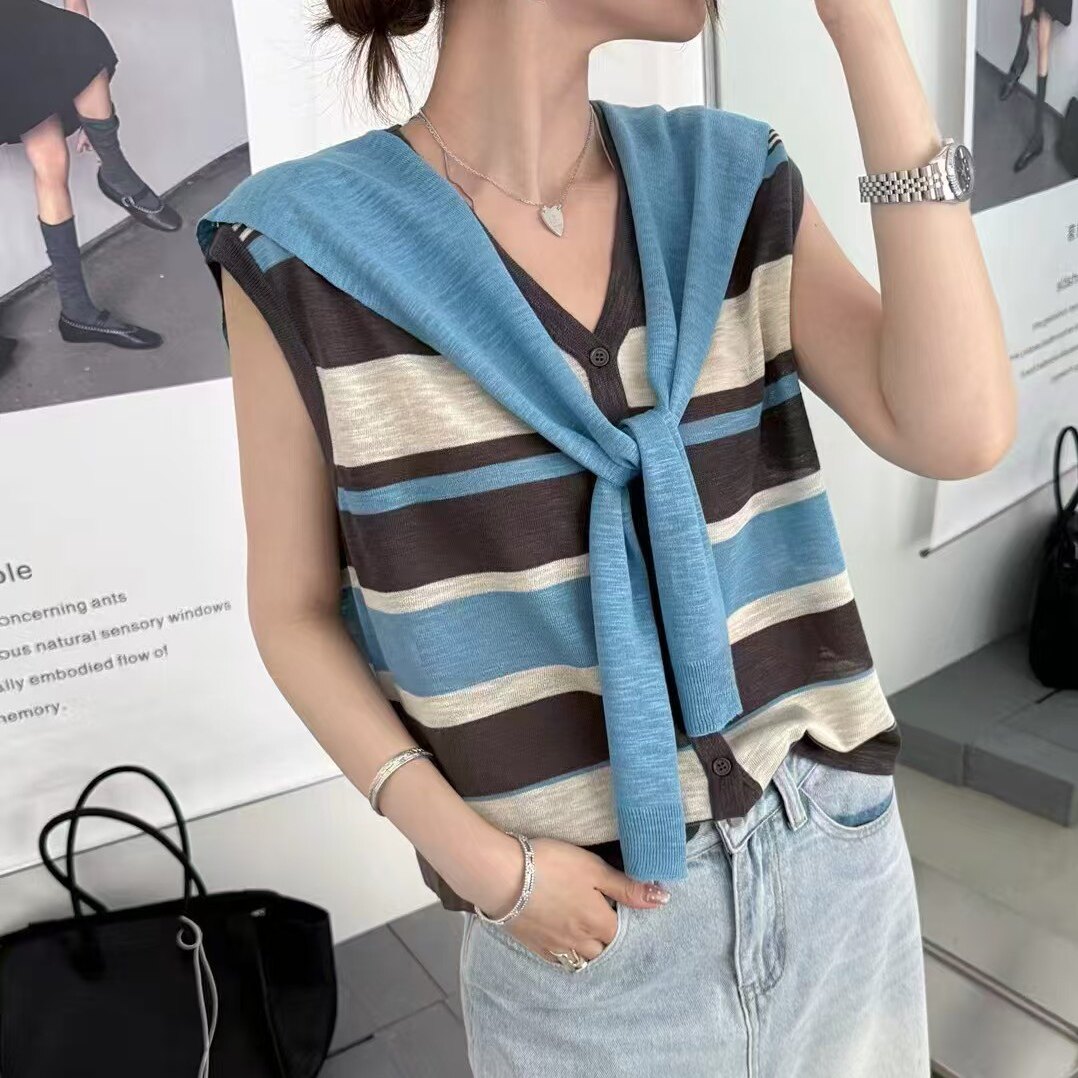 LM家高品 夏季新品显瘦百搭条纹控撞色条纹V领背心披肩两件套