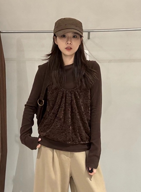 LM家高品  春季新品甜美设计款丝绒蕾丝吊带叠穿真两件长袖T恤