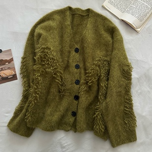 LM家高品  新年新衣温柔慵懒感复古不规则Ml流苏边装饰开衫毛衣