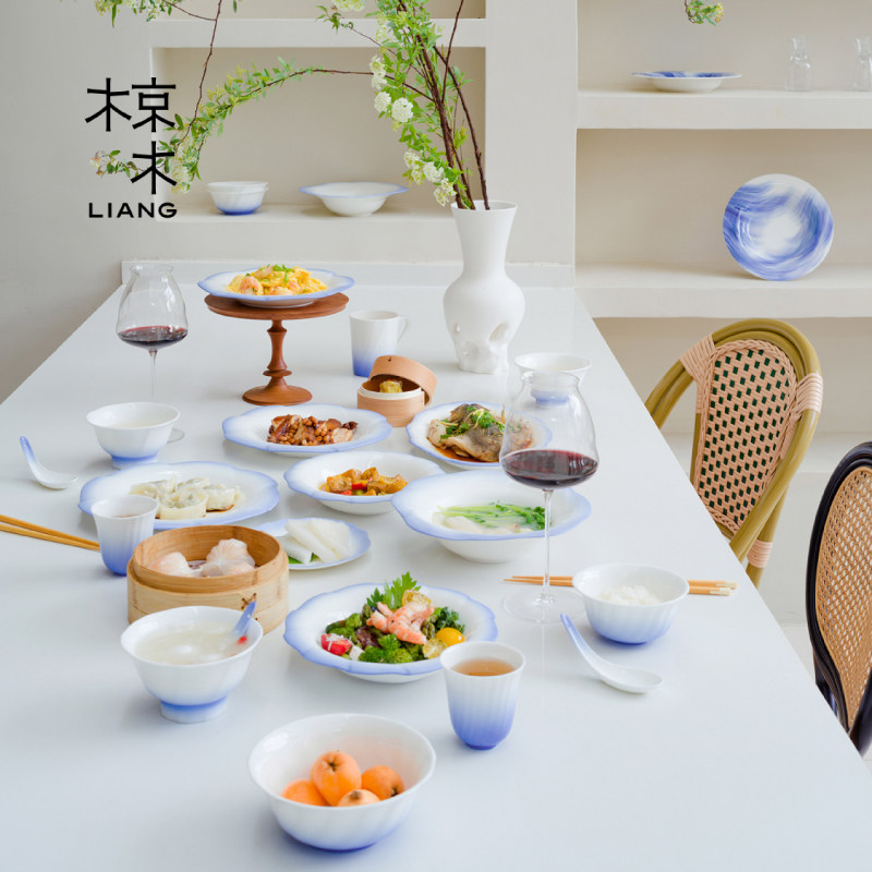 椋木蓝染花口餐具中式骨瓷鱼盘饭碗西餐盘碗盘小碟子套装家用小众