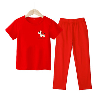 马年新年衣服2026本命年男童红色短袖长裤套装女童家居服两件套