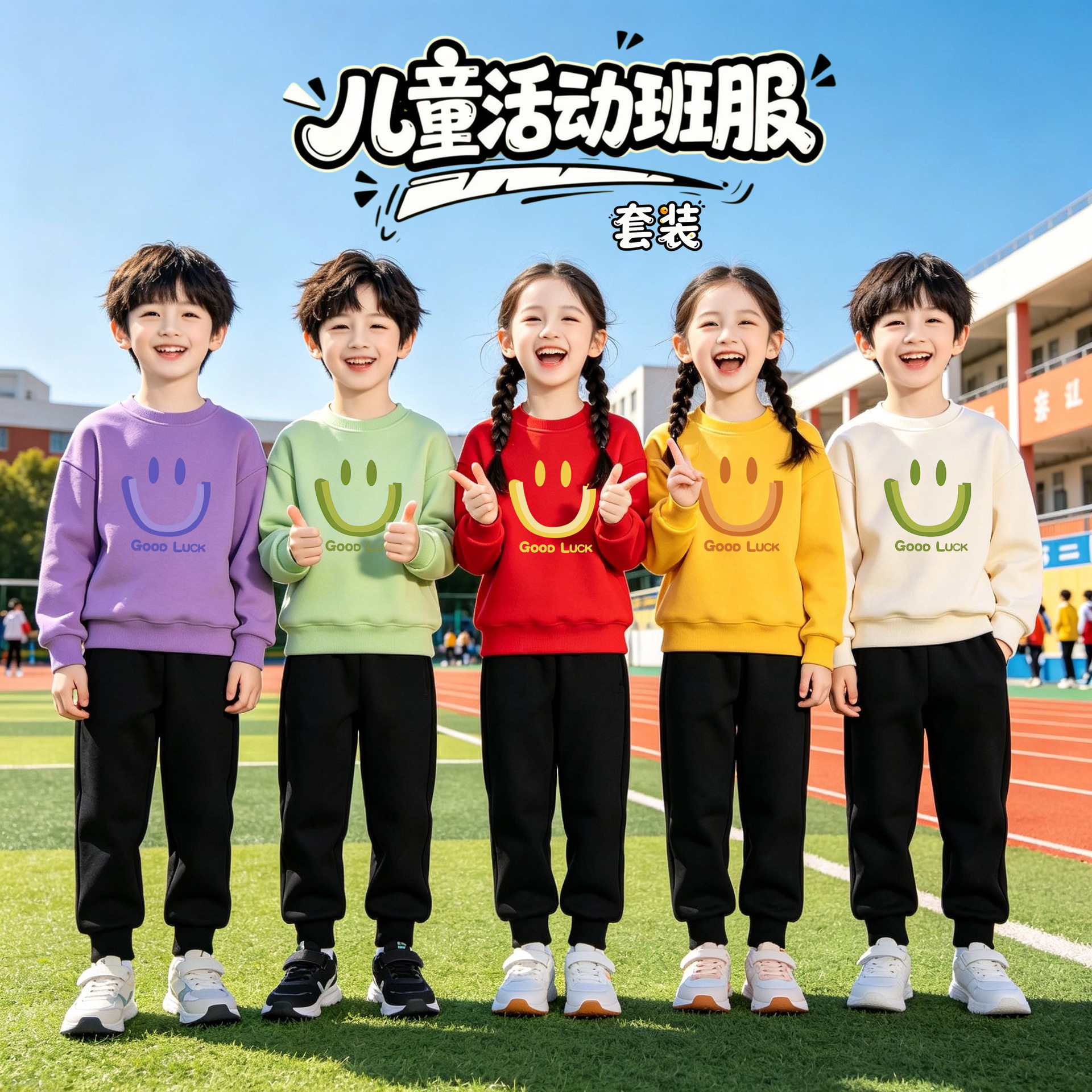 彩色套装两件套秋冬款大笑脸亲子活动幼儿园儿童卫衣男女同款班服