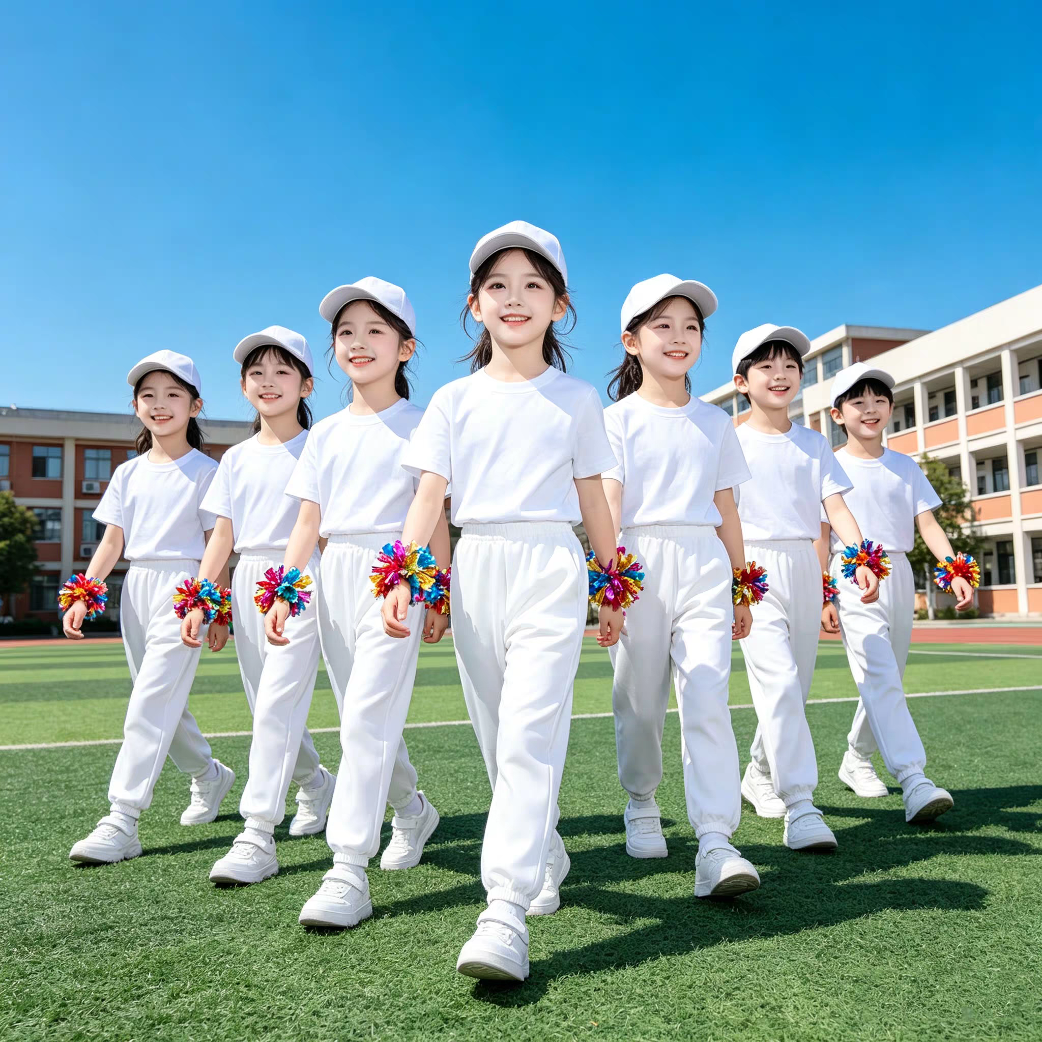 夏季长裤套装小学生幼儿园活动装两件套纯棉T恤短袖糖果色白裤子